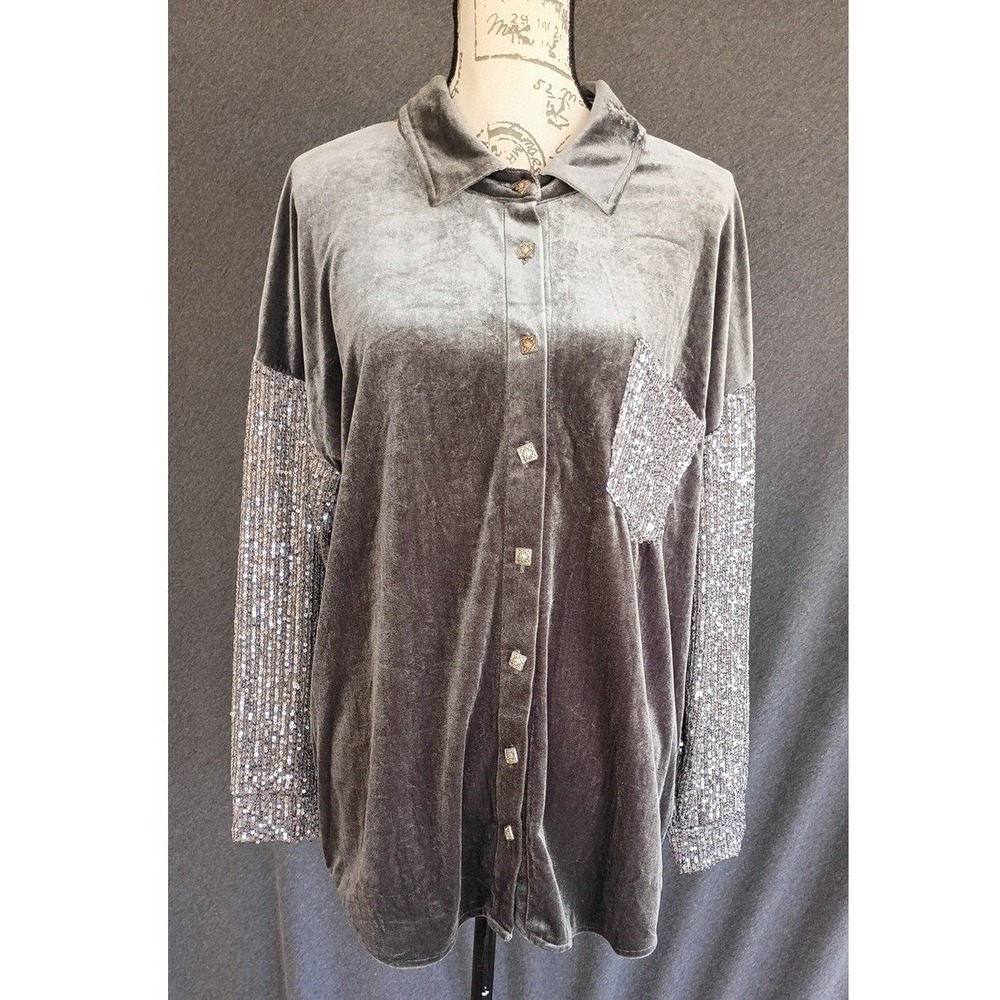 Umgee Velvet Sequin Button Down Shirt Taupe Gray Long Sleeve Top Oversized L